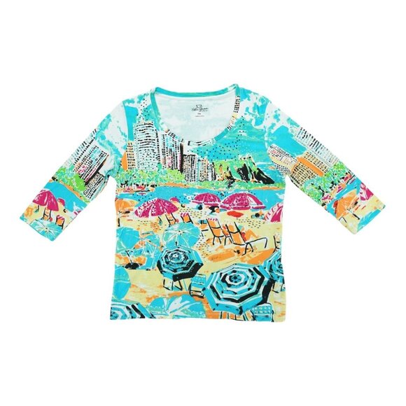 PALM GROVE Womens PM Petites Top Tropical Paradise, Beach 3/4 Sleeve Rhinestones - Picture 1 of 5
